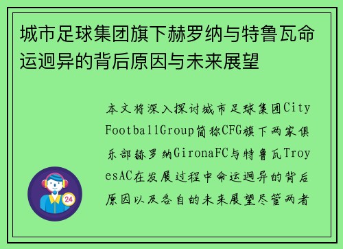 城市足球集团旗下赫罗纳与特鲁瓦命运迥异的背后原因与未来展望