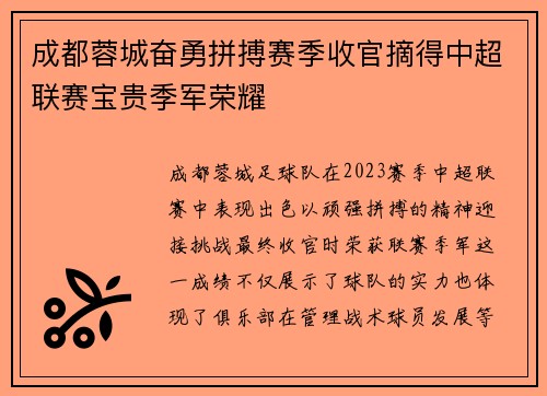 成都蓉城奋勇拼搏赛季收官摘得中超联赛宝贵季军荣耀
